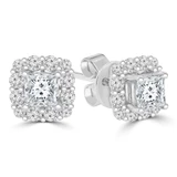 9/10 CTW Princess Diamond Cushion Halo Stud Earrings in 18K White Gold (MD250376)