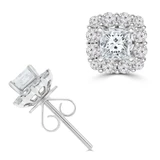 9/10 CTW Princess Diamond Cushion Halo Stud Earrings in 18K White Gold (MD250376)
