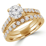 Round Lab Created Diamond Cathedral Trellis Solitaire with Accents Engagement Ring and Wedding Band Set Ring in Yellow Gold (MVSLG1163-Y)