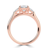 Oval Lab Created Diamond Tapered Cathedral Open Bridge Three-Stone Engagement Ring in Rose Gold (MVSLG1329-R)