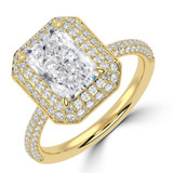 Radiant Lab Created Diamond 4-Prong 3-Row Pave Dome Halo Engagement Ring in Yellow Gold (MVSLG1528-Y)