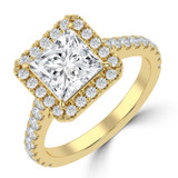 Princess Lab Created Diamond 4-Prong Cathedral Halo Engagement Ring in Yellow Gold with Hidden Accents (MVSLG1544-Y)
