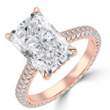 Radiant Lab Created Diamond 4-Prong 3-Row Pave Cathedral Solitaire with Accents Engagement Ring in Rose Gold with Hidden Halo and Accented Bridge (MVSLG1560-R)