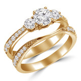 Round Lab Created Diamond Three-Stone Engagement Ring and Wedding Band Set Ring in Yellow Gold with Accents (MVSX1011-Y)
