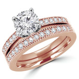 Round Diamond Vintage Solitaire with Accents Engagement Ring and Wedding Band Set Ring in Rose Gold (MVS0045-R)