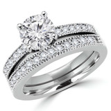 Round Diamond Vintage Solitaire with Accents Engagement Ring and Wedding Band Set Ring in White Gold (MVS0045-W)