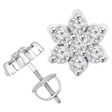 Round Diamond Flower Motif Stud Earrings in 14K White Gold with Screwback (MVSES0004-W)