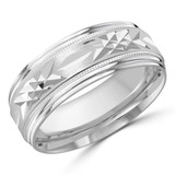 8 MM Milgrained Satin Finish with High Polish Edges Modern Mens Wedding Band in White Gold (MDVB0703)