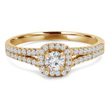Round Lab Created Diamond Split-Shank Cushion Halo Engagement Ring in Yellow Gold (MVSS1026-Y)