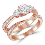 Round Lab Created Diamond Three-Stone Engagement Ring and Wedding Band Set Ring in Rose Gold with Accents (MVSX1011-R)