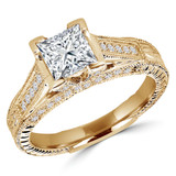 Princess Lab Created Diamond Vintage Cathedral Diamond Accent Bridge and Prongs Solitaire with Accents Engagement Ring in Yellow Gold (MVSLG1047-Y)
