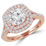 Round Lab Created Diamond Split Shank Cathedral Diamond Bridge Cushion Double Halo Engagement Ring in Rose Gold (MVSLG1067-R)