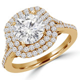 Round Lab Created Diamond Split Shank Cathedral Diamond Bridge Cushion Double Halo Engagement Ring in Yellow Gold (MVSLG1067-Y)