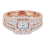 Princess Lab Created Diamond Three-Row Square Halo Engagement Ring and Wedding Band Set Ring in Rose Gold (MVSLG1111-R)