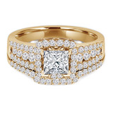 Princess Lab Created Diamond Three-Row Square Halo Engagement Ring and Wedding Band Set Ring in Yellow Gold (MVSLG1111-Y)