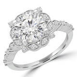 Round Lab Created Diamond Vintage Floral Halo Engagement Ring in White Gold (MVSLG1237-W)
