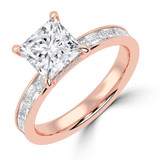 Princess Lab Created Diamond Hidden Halo Solitaire with Accents Engagement Ring in Rose Gold with Channel Set Emerald Accents (MVSLG1477-R)