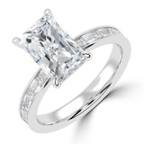 Radiant Lab Created Diamond Hidden Halo Solitaire with Accents Engagement Ring in White Gold with Channel Set Emerald Accents (MVSLG1478-W)