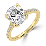 Cushion Lab Created Diamond Cathedral Solitaire with Accents Engagement Ring in Yellow Gold with Pave Diamond Bridge and Prongs (MVSLG1490-Y)