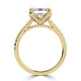 Emerald Lab Created Diamond Cathedral Solitaire with Accents Engagement Ring in Yellow Gold with Pave Diamond Bridge and Prongs (MVSLG1491-Y)