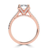 Radiant Lab Created Diamond Cathedral Solitaire with Accents Engagement Ring in Rose Gold with Pave Diamond Bridge and Prongs (MVSLG1495-R)