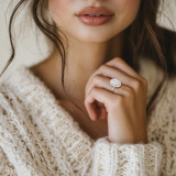 Oval Lab Created Diamond Prong Set 3-Row Pave Rollover Halo Engagement Ring in White Gold with Hidden Accents (MVSLG1562-W)