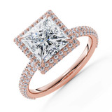 Princess Lab Created Diamond 4-Prong 3-Row Pave Rollover Halo Engagement Ring in Rose Gold with Hidden Accents (MVSLG1582-R)