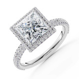 Princess Lab Created Diamond 4-Prong 3-Row Pave Rollover Halo Engagement Ring in White Gold with Hidden Accents (MVSLG1582-W)