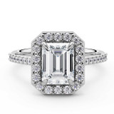 Emerald Lab Created Diamond 4-Prong Accented Crossover Bridge Halo Engagement Ring in White Gold (MVSLG1587-W)