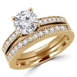 Round Diamond Vintage Solitaire with Accents Engagement Ring and Wedding Band Set Ring in Yellow Gold (MVS0045-Y)