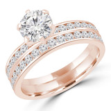 Round Diamond 6-Prong Solitaire with Accents Engagement Ring and Wedding Band Set Ring in Rose Gold Channel Set Accents (MVS0072-R)