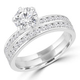 Round Diamond 6-Prong Solitaire with Accents Engagement Ring and Wedding Band Set Ring in White Gold Channel Set Accents (MVS0072-W)