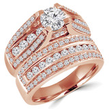 Round Diamond Vintage Split-Shank Three-Row Cathedral Diamond Bridge Solitaire with Accents Engagement Ring and Wedding Band Set Ring in Rose Gold (MVS0081-R)