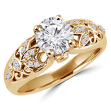 Round Diamond Vintage Floral Solitaire with Accents Engagement Ring in Yellow Gold (MVS0095-Y)