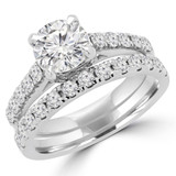 Round Diamond Cathedral Trellis Solitaire with Accents Engagement Ring and Wedding Band Set Ring in White Gold (MVS0163-W)