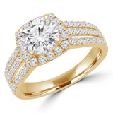 Round Diamond Three-Row Split-Shank Cathedral Cushion Halo Engagement Ring in Yellow Gold (MVS0203-Y)