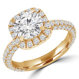 Round Diamond Three-Row Open Bridge Cushion Halo Engagement Ring in Yellow Gold (MVS0221-Y)