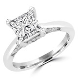 Princess Diamond Vintage Tapered Cathedral Hidden Halo Solitaire with Accents Engagement Ring in White Gold (MVS0227-W)