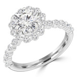 Round Diamond Floral Shared Prong Halo Engagement Ring in White Gold with Accents (MVS0256-W)