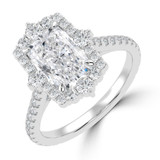 Radiant Lab Created Diamond Floral Halo Cathedral with Accented Bridge and Basket Halo Engagement Ring in White Gold (MVSLG1660-W)