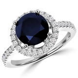 2 1/3 CTW Round Blue Sapphire & Round Diamond Halo Cocktail Engagement Ring in 14K White Gold with Accents (MD200477)