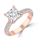 Princess Lab Created Diamond 4-Prong 3-Row Pave  Solitaire with Accents Engagement Ring in Rose Gold with Hidden Halo and Accents (MVSLG1563-R)