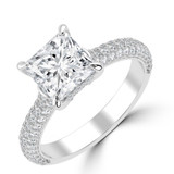 Princess Lab Created Diamond 4-Prong 3-Row Pave  Solitaire with Accents Engagement Ring in White Gold with Hidden Halo and Accents (MVSLG1563-W)