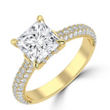 Princess Lab Created Diamond 4-Prong 3-Row Pave  Solitaire with Accents Engagement Ring in Yellow Gold with Hidden Halo and Accents (MVSLG1563-Y)