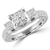 Princess Lab Created Diamond Vintage Three-Stone Engagement Ring in White Gold with Accents (MVSX1014-W)
