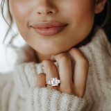 Emerald Lab Created Diamond with Trapazoid Sidestones Three-Stone Engagement Ring in Rose Gold (MVSX1035-R)