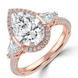 Pear Lab Created Diamond with Shield Sidestones Three-Stone Engagement Ring in Rose Gold with Three-row Pave Accents (MVSX1046-R)