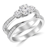 Round Lab Created Diamond Three-Stone Engagement Ring and Wedding Band Set Ring in White Gold with Accents (MVSX1011-W)
