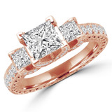Princess Lab Created Diamond Vintage Three-Stone Engagement Ring in Rose Gold with Accents (MVSX1014-R)