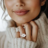 Emerald Lab Created Diamond with Trapazoid Sidestones Three-Stone Engagement Ring in Rose Gold (MVSX1035-R)